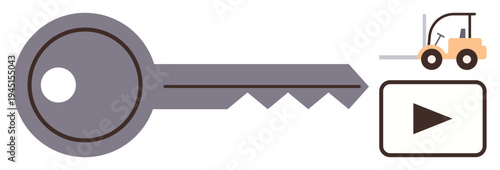Access control, logistics management, digital media, industrial operations, security systems, transportation. Key, forklift and play button symbol. Access control and logistics concepts