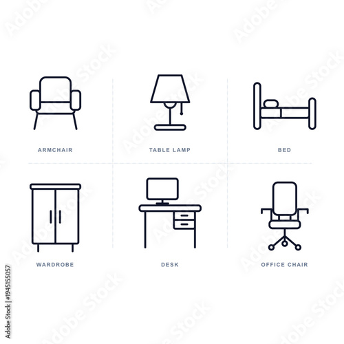 Set of 6 furniture icons vector, line style, office and home decor