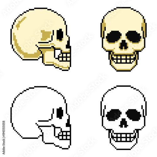 Set editable pixel human skull vector for retro gaming streams. Ideal for symbolizing 8-bit death, arcade style danger, and nostalgic digital enemies.