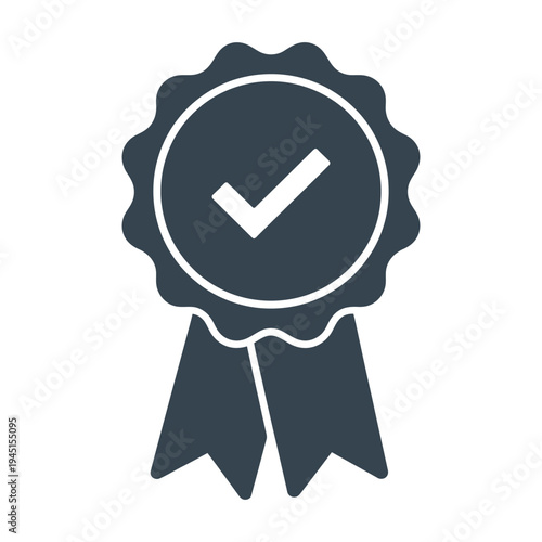 Dark blue award ribbon with check mark for best quality or approval best choice winning badge icon symbol with copy space