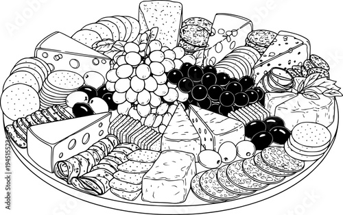 A delightful round charcuterie board filled with an inviting variety of gourmet cheeses, fresh grapes, savory olives, crispy crackers, and cured meats