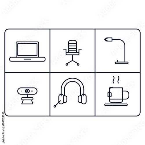 Set of 6 office workspace icons vector, line style