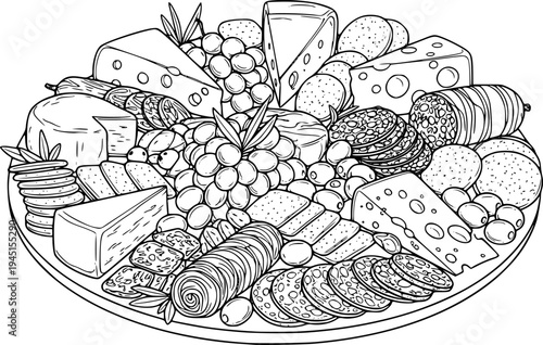 A delightful round charcuterie board filled with an inviting variety of gourmet cheeses, fresh grapes, savory olives, crispy crackers, and cured meats