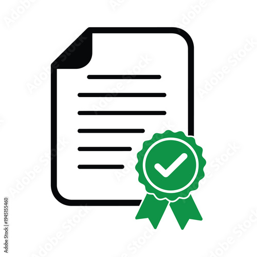 Document icon with green award ribbon and check mark symbol for approved certificate or verified contract or good standing