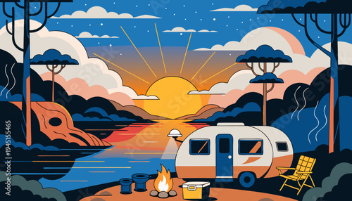 Sunset River Camping Travel Trailer Adventure Scene