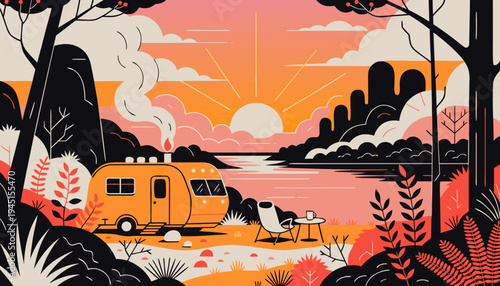 Sunset River Camping Travel Trailer Adventure Scene