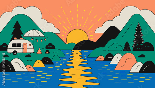 Sunset River Camping Travel Trailer Adventure Scene
