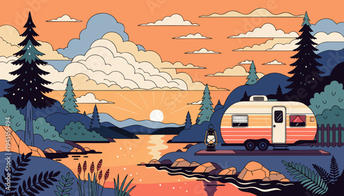 Sunset River Camping Travel Trailer Adventure Scene