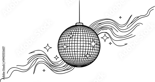 Outline drawing of a sparkling disco ball suspended by a line with an energetic wavy trail 