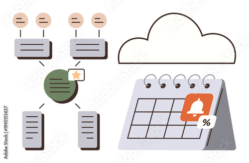 Data management, workflow optimization, cloud computing, productivity planning, task automation, reminder scheduling. Flow diagram with a calendar and cloud icon. Data management and workflow