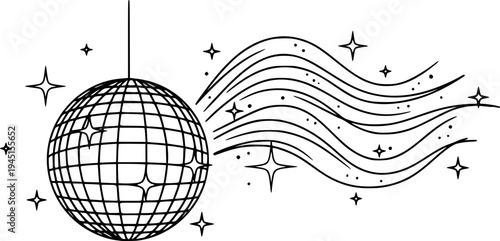 Outline drawing of a sparkling disco ball suspended by a line with an energetic wavy trail 