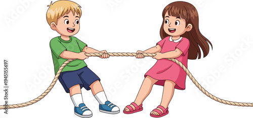 Happy young boy and girl playing tug of war with a long rope in a fun outdoor competition game vector cartoon illustration for kids.