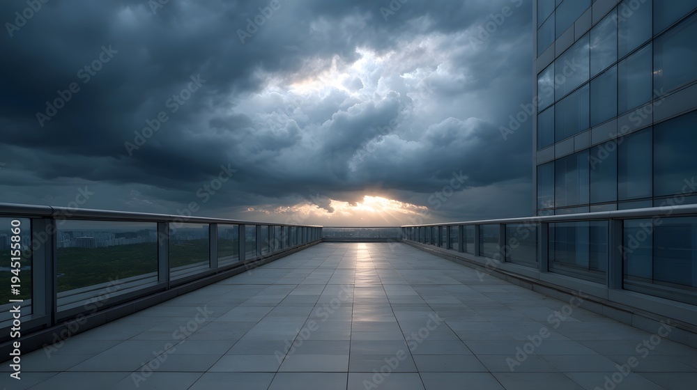 Fototapeta premium Dramatic storm clouds part to reveal sunlight over a modern city skyline viewed from a high rooftop terrace at dusk