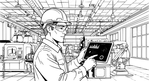 Engineer using a digital tablet in a high-tech manufacturing facility, monitoring industrial equipment performance
