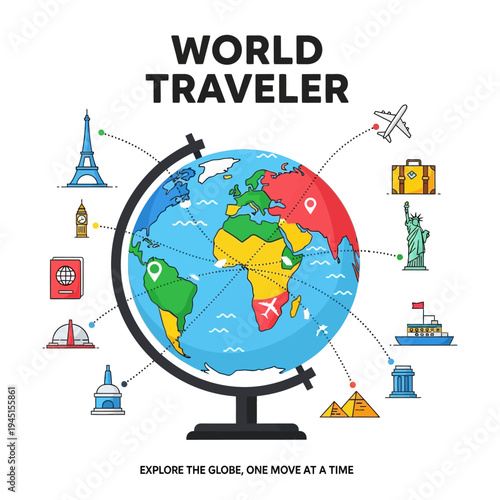 World Traveler Globe with Landmarks and Travel Icons