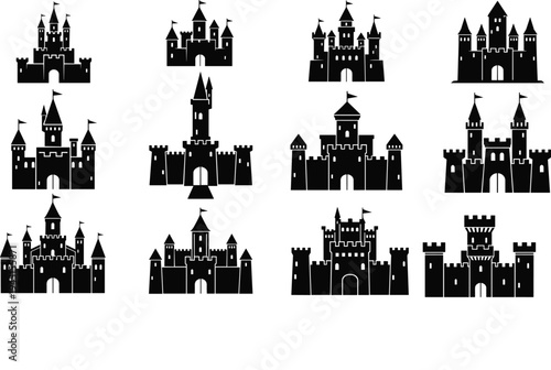 Large collection of black castle silhouette icons and medieval fortress vector symbols for kingdom logo design and historical architecture web icons