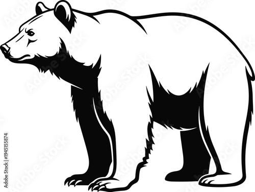 Black and white grizzly bear vector illustration standing in side profile view for wilderness logo design or outdoor adventure mascot