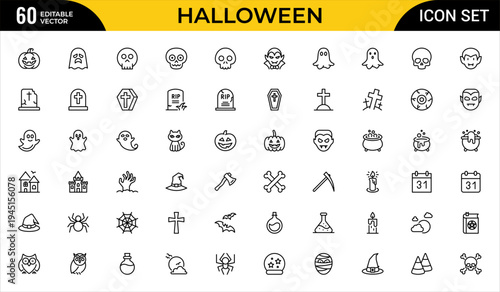 Halloween Line Icon Set for Pumpkin, Ghost, Witch, Trick or Treat, Horror Party and Spooky Holiday Celebration Outline Vector Collection