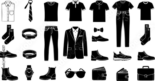 Collection of essential mens clothing and accessories depicted as solid silhouette icons for various digital media and informational graphics