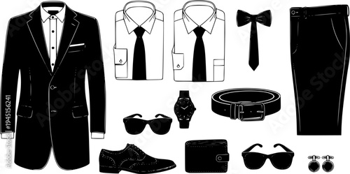 Collection of essential mens clothing and accessories depicted as solid silhouette icons for various digital media and informational graphics