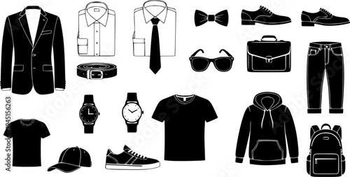 Collection of essential mens clothing and accessories depicted as solid silhouette icons for various digital media and informational graphics