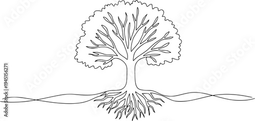 Minimalist continuous line drawing depicting a tree with strong roots and a flowing ground line
