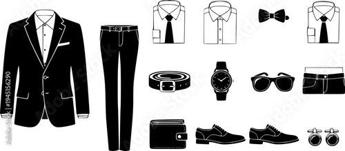 Collection of essential mens clothing and accessories depicted as solid silhouette icons for various digital media and informational graphics