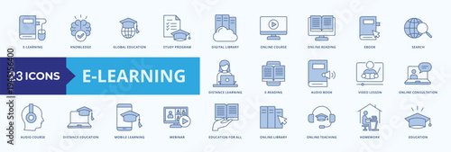 E-Learning Icon Pack Illustration Vector Blue Style