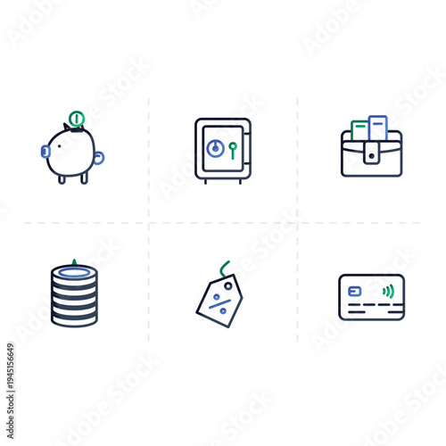 Set of 6 finance icons vector, money and banking symbols