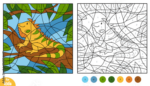 Cute iguana on tropical background color by number page for kids. Educational activity game for preschool and kindergarten children. Square picture to learn numbers and colors