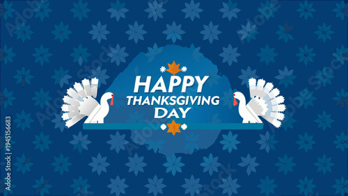 Happy thanksgiving day greeting with stylized turkeys and a blue background