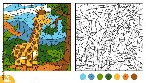 Cute giraffe on African background color by number page for kids. Educational activity game for preschool and kindergarten children. Square picture to learn numbers and colors