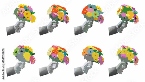 Repeating illustration of colorful flower bouquets held in hands
