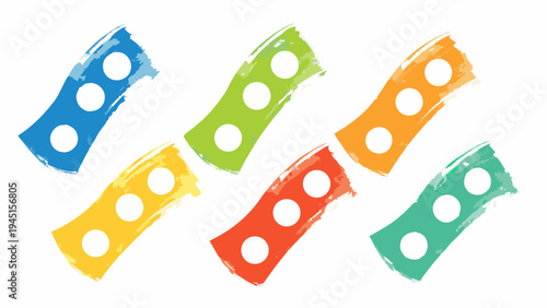 Colorful abstract shapes resembling bicycle chain links are prominently displayed