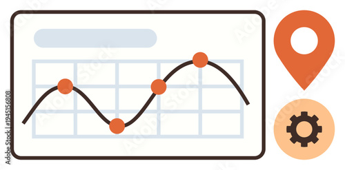 Business intelligence, data analytics, performance metrics, location tracking, optimization, statistics. Line graph trends, gear map pin. Data analytics and business intelligence concept