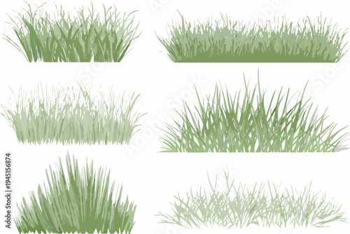 Collection of various green grass patches isolated on a white background