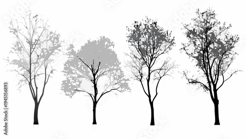 Silhouettes of trees in varying shades of gray against a white background