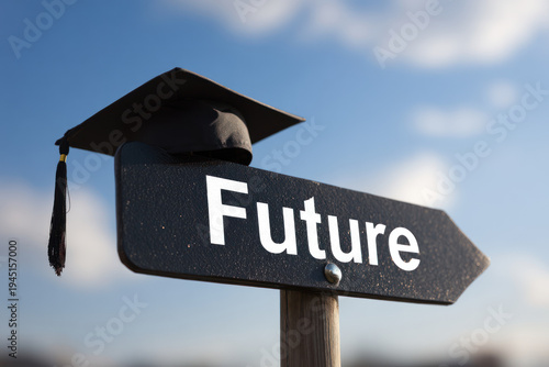 Future road sign graduation cap education direction success concept blue sky hopeful future road sign with graduation cap