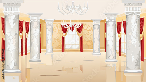 An ornate illustrated ballroom with marble columns and red drapery