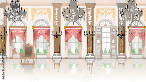 Elegant palace interior with arched windows and ornate chandeliers