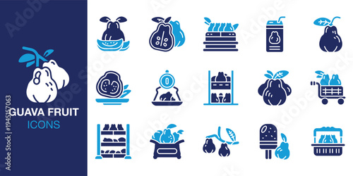 Guava Fruit icon set. Containing guava, fruit, tropical, food, sweet and more. Solid vector icons collection. Vector illustration.