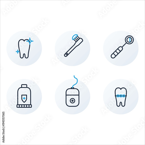 Set of 6 dental care icons vector, tooth, toothbrush, dental hygiene