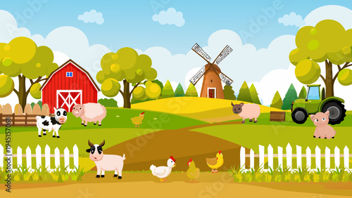 Cartoon farm scene featuring animals a red barn and a windmill