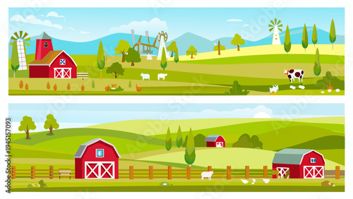 Colorful illustration depicts a peaceful countryside farm scene with barns and animals