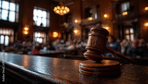 A judge's gavel rests on a wooden desk in a dimly lit, ornate courtroom