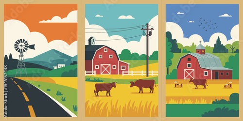 Countryside farm landscape illustration, stylized panel artwork featuring windmill on hillside winding road orange sky and red barn with white fence.