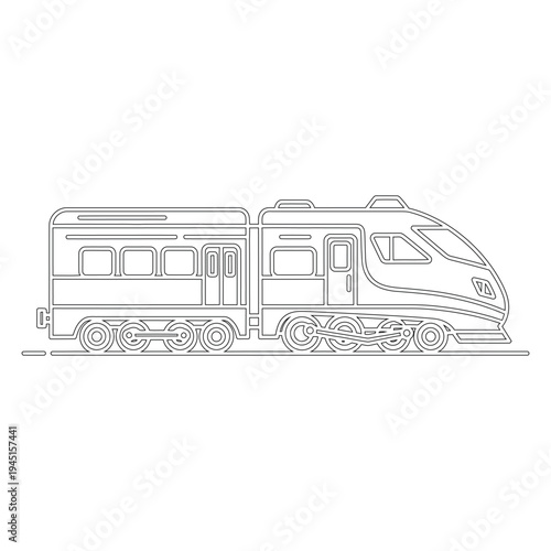 Minimal line of a modern train with two cars on railroad tracks locomotive transportation