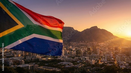 South African flag waving over Cape Town city skyline with Table Mountain at golden hour.