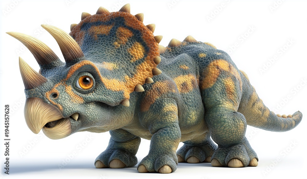 Fototapeta premium 3D cartoon triceratops dinosaur isolated on white background. Friendly prehistoric animal character for kids educational poster, digital sticker, or creative t-shirt graphic design.