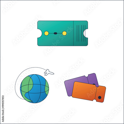 Set of 3 travel icons vector, transportation, tickets, globe